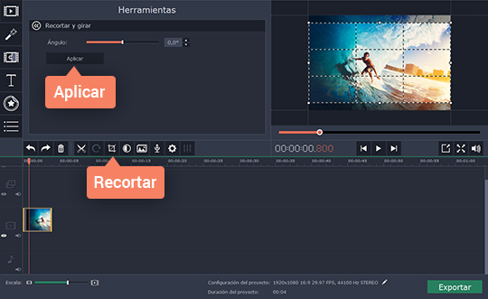 Recortar el vídeo elegido Use el sencillo programa para recortar vídeos de Movavi