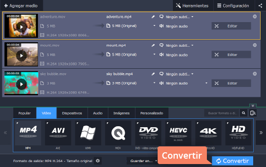 Convertir el vídeo elegido Pase de MOV a MP4 con el convertidor sencillo de Movavi