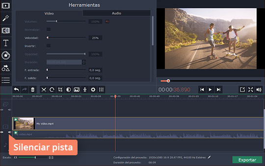 Parar el audio del vídeo Edite los vídeos en cámara lenta rápidamente con el programa de Movavi