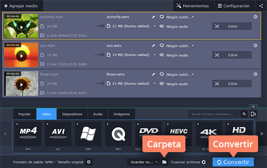 Iniciar la conversión del archivo agregado Pase de MP4 a WMV con el convertidor sencillo de Movavi