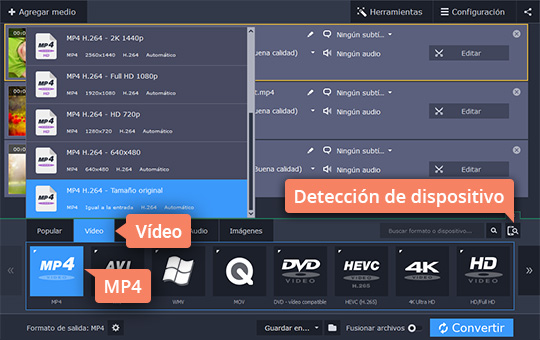 Escoger un formato de salida Convierta M4V a AVI y otros formatos con el convertidor de Movavi