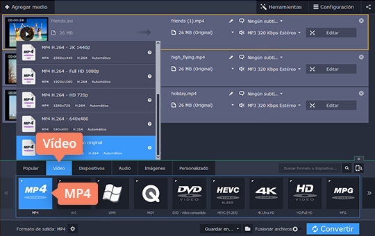 Seleccionar el formato para el resultado Use el convertidor de AVI sencillo de Movavi