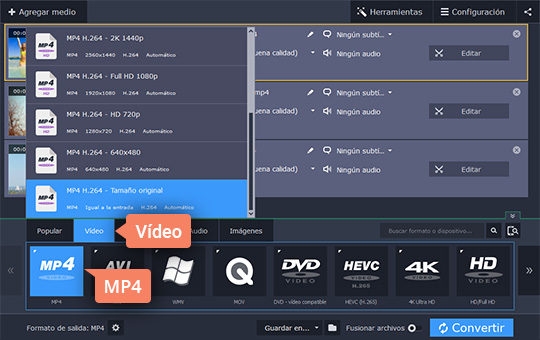Elegir un formato nuevo Use el programa para cambiar el formato de vídeo rápidamente de Movavi