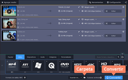 Empezar la conversión del vídeo Convierta a AVI cualquier vídeo con Movavi Video Converter