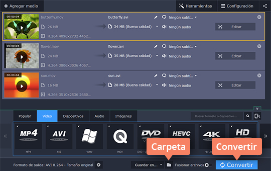 Guardar el vídeo convertido Pase de MOV a AVI rápidamente con Movavi Video Converter