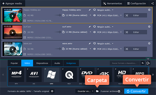 Guardar el resultado final Convierta sus vídeos a WMV con Movavi Video Converter