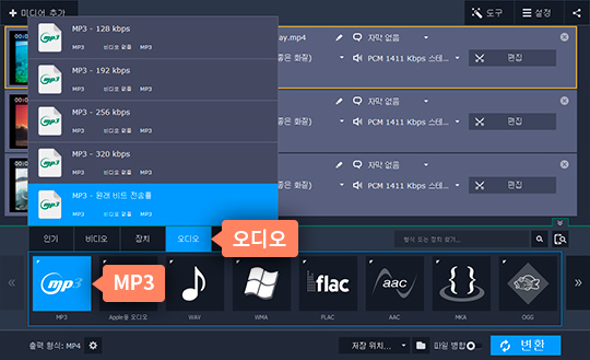 필요한 비디오 형식을 선택합니다 추출할 오디오 형식 선택