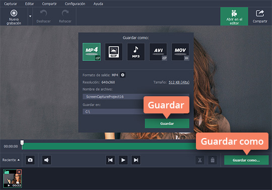 Definir el formato del vídeo Grabe vídeo de escritorio rápidamente con Movavi Screen Capture Studio