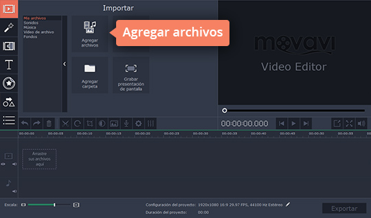 Añadir un archivo de vídeo al programa Haga vídeos con pantalla verde rápidamente en el editor de Movavi