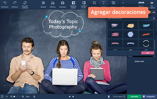 Agregar decoraciones a su imagen Haga imágenes con texto rápidamente con el software de Movavi