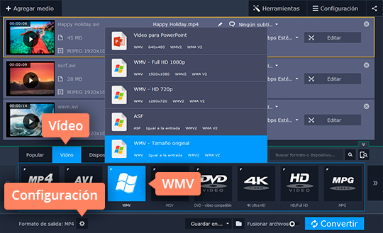 Elegir el formato necesario Use el poderoso convertidor de vídeos a WMV de Movavi