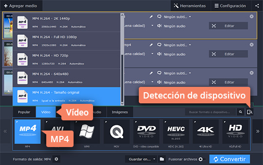 Elegir un formato para el vídeo arrastrado Convierta sus vídeos a MP4 fácilmente con Movavi Video Converter