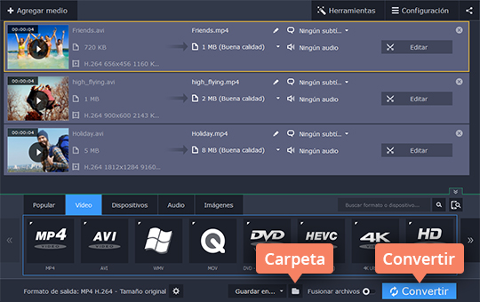 Convertir el archivo de vídeo Use el sencillo convertidor de vídeos a MP4 de Movavi