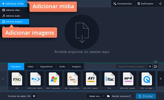 Adicionar imagens PNG ou JPG ao programa Converta uma imagem em JPG com o Movavi