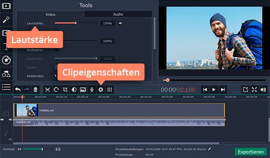 Lautstärke mithilfe der Clipeigenschaften regulieren Versuchen Sie, mit Movavis Programm Videos lauter machen