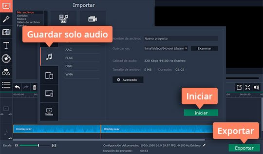 Guardar el audio recortado Use el poderoso cortador de canciones de Movavi