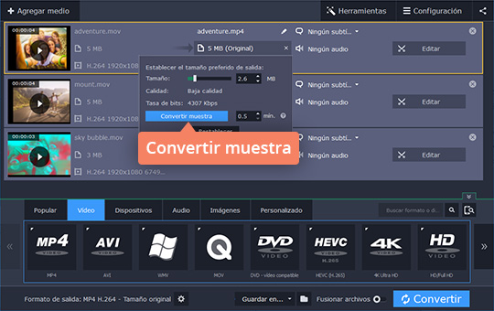 Definir el peso del vídeo Reduzca el tamaño de un vídeo en MP4 u otro formato con Movavi Video Converter