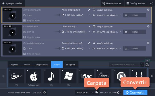 Especificar una carpeta de destino Pase de WMA a MP3 con el programa poderoso de Movavi