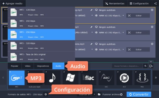 Definir el formato MP3 Use el sencillo convertidor de WMA a MP3 de Movavi
