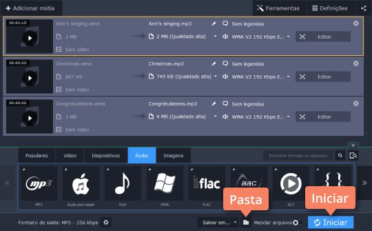 Especificar a pasta de destino e iniciar a conversão Use o conversor de música WMA para MP3 com o Movavi