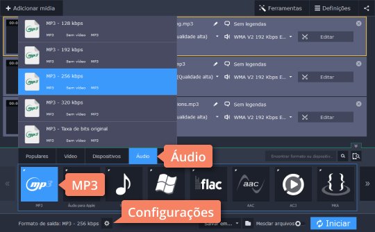 Escolher MP3 como formato de arquivo de destino Converta WMA para MP3 com o Movavi