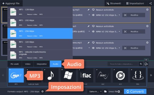 Scegliere i parametri desiderati Provate il convertitore da WMA a MP3 di Movavi