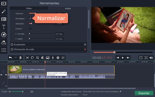 Normalizar el audio Normalice el volumen de MP3 con Movavi Video Editor