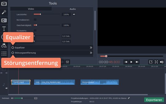 Auf Equalizer oder Störungsentfernung klicken Benützen Sie Movavi Video Editor als Musikbearbeitungsprogramms
