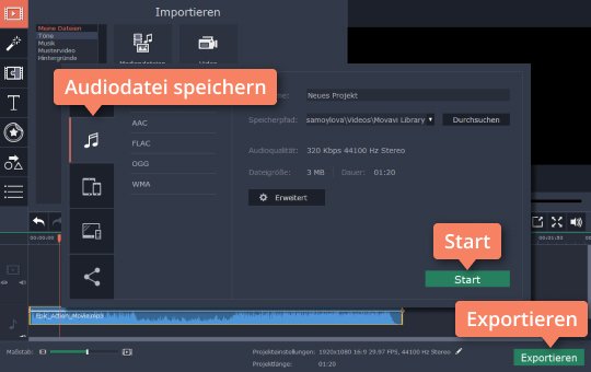 Das Ergebnis speichern Klicken Sie auf Audiodatei speichern im MP3-Schnittprogramm