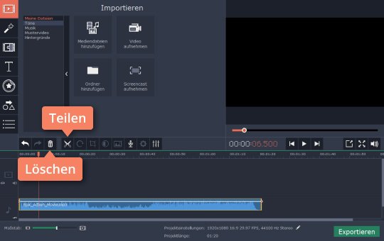 Audio teilen und unerwünschte Fragmente löschen Verwenden Sie Movavi Video Editor als MP3-Schneider
