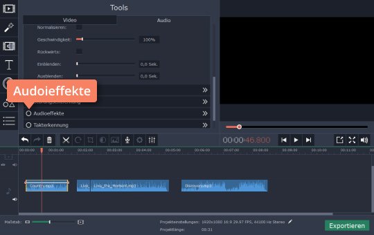 Effekte des Audios anpassen Verwenden Sie Movavis Programm, um Musik zu verändern