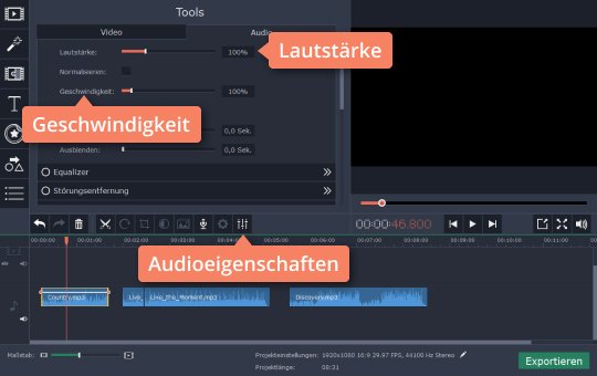 Ton des Audios verarbeiten Ändern Sie Einstellungen in Movavis App, um Lieder zu bearbeiten