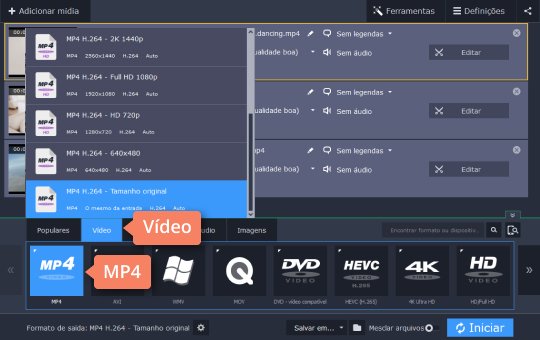 Selecionar o formato de vídeo Transforme GIF em MP4 com o Movavi