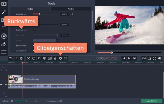 Die Einstellungen des Videos ändern Verwenden Sie Movavi, wenn Sie Video rückwärts apspielen wollen
