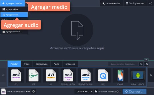 Agregar audio para convertir Convierta de WAV a MP3 en el programa de Movavi