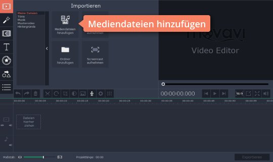 Medien für die Zusammenschneidung einfügen Wählen Sie Dateien für Movavis App, um MP4 zusammenzufügen