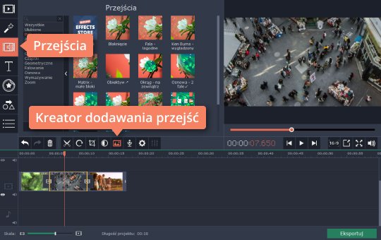Dodać przejścia między filmikami Dodaj przejścia do programu Movavi do łączenia filmów w jeden