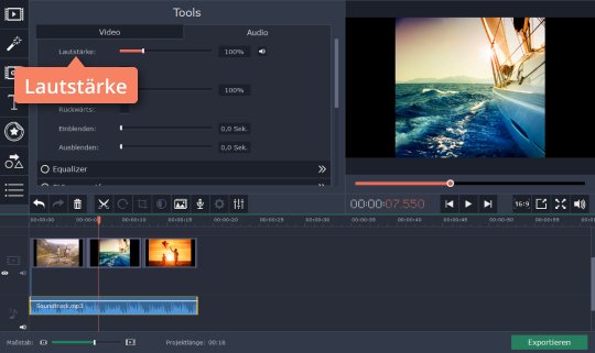 Die Lautstärke regulieren Regulieren Sie den Ton in Movavis App, um Musikvideo zu erstellen