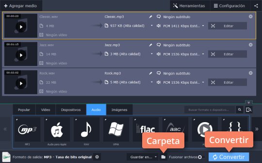 Convertir y guardar audio Transforme WAV en MP3 con Movavi Video Converter