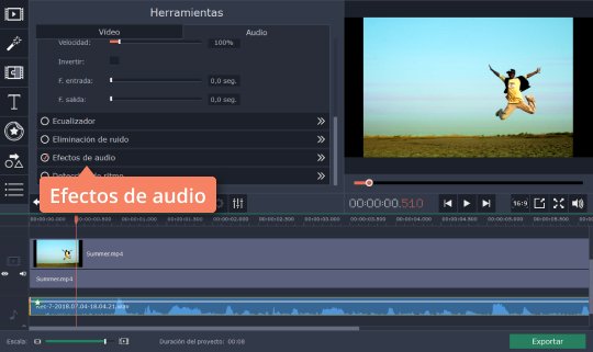 Añadir efectos para vídeo Normalice el nivel de sonido de fondo con Movavi