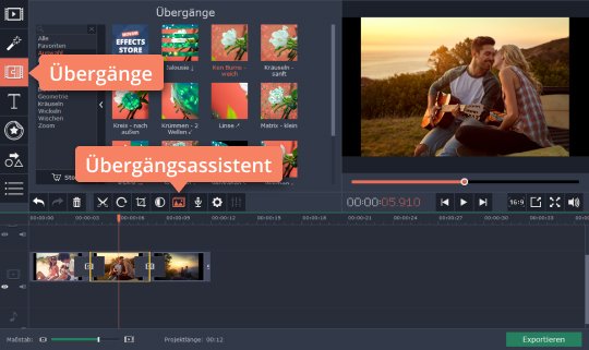 Übergänge verwenden Benützen Sie Übergänge, um MP4-Dateien zusammenzufügen