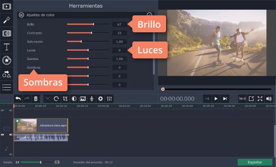 Abrir la ficha Ajustes manuales Si quiere dar brillo a un vídeo, use Movavi Video Editor