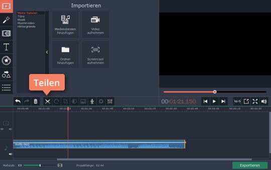 Den Punkt wählen und auf Schere-Symbol klicken Verwenden Sie Movavi Video Editor als Audio-Schnittprogramm