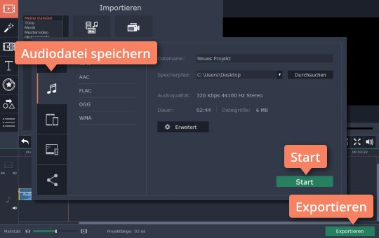 Auf Exportieren und dann auf Start klicken Probieren Sie, mit Movavi die Musik zu schneiden und dann zu speichern