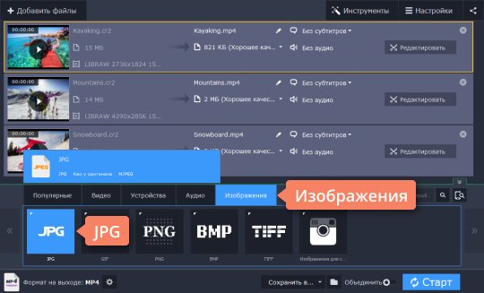 Выбрать формат JPG из списка Выберите подходящий формат, чтобы конвертировать CR2