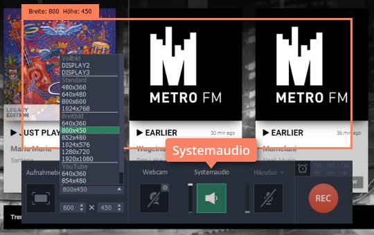 Einen Radiosender wählen und auf Systemaudio klicken Klicken Sie Systemaudio, wenn Sie Radio-Stream aufnehmen wollen