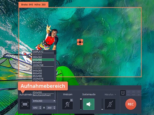 Den Bereich für die Aufnahme in Movavi Programm abstimmen Klicken Sie auf den Aufnahmebereich um Videos von Webseiten zu downloaden