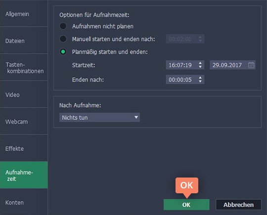 Den Aufnahme-Timer anpassen Verwenden Sie den Timer in Movavis Programm, um den Stream aufzuzeichnen