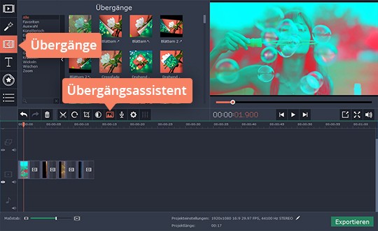 Video mit Übergängen nach Ihren Wünschen stilisieren Wählen Sie Übergänge in Movavi Video Editor, während Sie Filme zusammenfügen