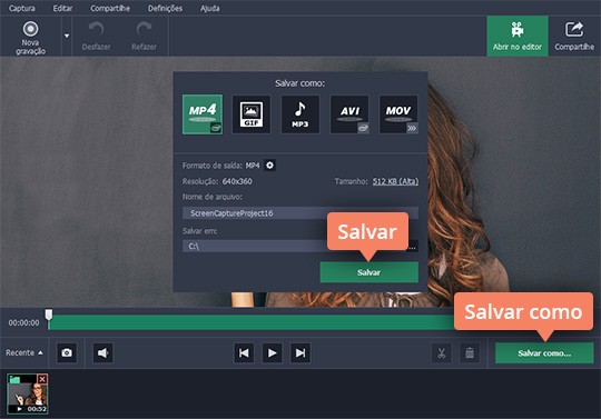 Salvar ou converter vídeos para dispositivos móveis Grave a tela com o Movavi
